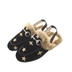 グッチ GUCCI キッズ プリンスタウン フラットミュール 28 18cm 黒 ブラック ファー ホースビット 刺繍柄 蜂柄 星柄 /RI ■OS ■OHのサムネイル