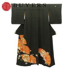中古】 紬 正絹 着丈約162.5cm 裄丈約65.5cm こげ茶 オレンジ しつけ糸