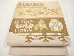 名古屋帯 【岡重】ベージュ系 象 更紗文様 銀彩 夏用 - メルカリ