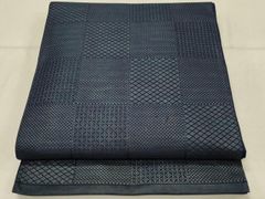 名古屋帯 絞り 鹿の子 正絹 中古 黒 グレー 青 カジュアル 美品 tj371