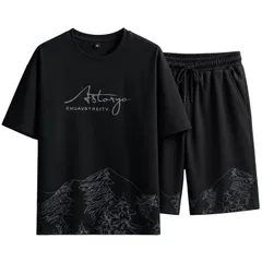 [エンプティオ] 半袖 上下セット 半ズボン セットアップ プルオーバー スポーツウェア tシャツ メンズ 通気性 スポーツ リラックス ハーフパンツ 短パン 運動 アウトドア クルーネック 2枚組 涼しい 柔らかい 快適 夏用  [カーボンブラック] [M]