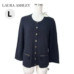 新品タグ付き LAURA ASHLEY ローラアシュレイ ラウンドネック 7分袖ニットカーディガン ポケット付き つや消しゴールドボタン 紺 ネイビー 冷房対策 L 大きいサイズレディース 値下げ不可のサムネイル