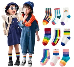 春秋用 カラフル ストライプ 虹 しましま ボーダー クルーソックスくつした 女の子 男の子 子ども レインボーカラー キッズ 3足セット 靴下