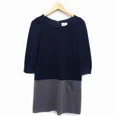 エフデ ef-de ワンピース ミニ 丸首 長袖 切替 無地 柄 デザインボタン 厚手 7 ネイビー 紺 グレー 灰 /HT19のサムネイル