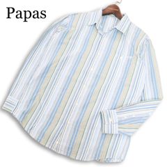 極美品 パパス プラス 長袖 カプリ シャツ 麻100％ リネン 青 ブルー L