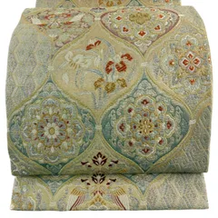 【美品】 袋帯 名品 貝紫輪奈織 華文 向かい鳥 金糸 箔 ベージュ お太鼓柄 正絹 【中古】