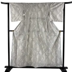 紬 身丈158cm 裄丈64cm M 袷 幾何学 灰白 正絹 秀品 【中古】のサムネイル