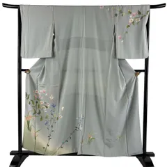 訪問着 身丈156.5cm 裄丈67cm M 袷 落款 草花 ぼかし 薄緑 正絹 秀品 【中古】のサムネイル