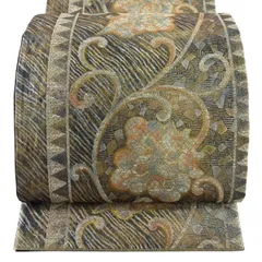 袋帯 秀品 関西仕立て 花唐草 幾何学模様 金糸 箔 金茶 六通 正絹 【中古】