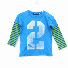 ベベ bebe ベビー服 Tシャツ カットソー クルーネック 長袖 コットン 綿 重ね着風 ボーダー 柄 サメプリント 数字 90 ライトブルー 青 ライトグリーン 緑 /HT8のサムネイル