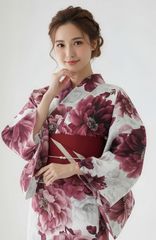 浴衣ジェンヌ 浴衣5点セット ワイン 白 赤 ポリエステル ゆかた 半幅帯