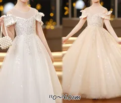 キッズ ドレス オフショルダー チュール フレア プリンセス スパンコール 半袖 ロング丈 ピアノ 発表会 子ども服 女の子 フォーマル フェミニン シャンパンベージュ ホワイト