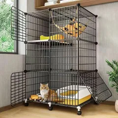 【送料無料】 梯子2個付き キャスター 3段 猫ケージ 黒 室内用 脱走防止 中古のサムネイル