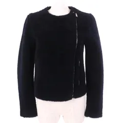 極美品△CELINE セリーヌ 2 5K10/5525 フィービー期 ラムスキン ムートン シアリング ノーカラー ライダース ジャケット ネイビー 34 イタリア製 正規品 レディース