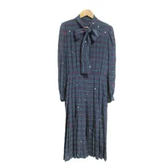 良品 GIVENCHY ジバンシィ ヴィンテージ ドットボーダー ロングスリーブ ボウタイ シャツワンピース サイズ10 ネイビー レディース 古着 中古 USEDのサムネイル