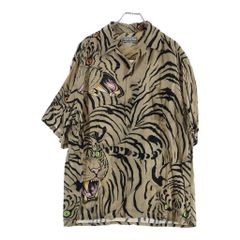 WACKO MARIA (와코마리아) × TIM LEHI S / S HAWAIIAN SHIRT 팀리 하이 쇼트 슬리브 하와이안 셔츠 타이거 총 무늬 개 칼라 오픈 컬러 베이지
