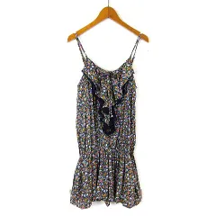 マジェスティックレゴン MAJESTIC LEGON サロペット オールインワン リバティ 小花柄 リボン フリル シフォン ギャザー 切替 落ち感 とろみ M 紺 ネイビー マルチカラーのサムネイル