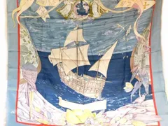HERMES エルメス ■ Christophe Colomb【クリストファー コロンブス】カレ90 シルク100% 大判 スカーフ ライトブルー系 □８E