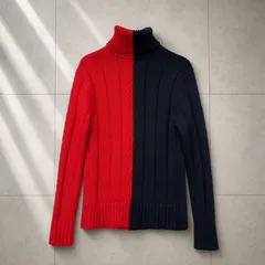 【U-350】TOMMY HILFIGER トミーヒルフィガー 紺色 ネイビー 赤色 レッド S タートルネック ケーブルニット バイカラー 肉厚 コットンニット USA古着 アメカジ 雰囲気 グランジ 人気のサムネイル