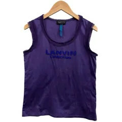 ランバン LANVIN タンクトップ ノースリーブ ビーズ刺繍ロゴ フリル パープル サイズ38 M相当 のサムネイル
