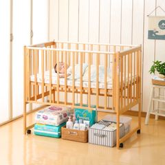 MIKI HOUSE 木製ベビーベッド キャスター付き 布団、マット、枕付き