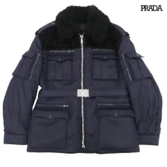 超美品 プラダ PRADA 2019年 襟ムートン ナイロン ベルテッド ジャケット コート サイズ48 ネイビー メンズ 未使用に近いのサムネイル