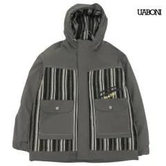超美品 ユアボニ UABONI ペイント加工 フーテッド ダウン ジャケット サイズ50 ストライプ カーキ メンズのサムネイル