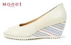 モネ 881514 Monet オープントゥパンプス ウエッジシューズ ウエッジパンプス レディースパンプス 3E 幅広 日本製 静音 ウエッジソール 本革 天然皮革 レザー 疲れにくい 柔らかい 婦人 靴 ホワイトコンビ 白のサムネイル