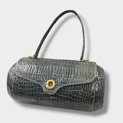 美品〉銀座かねまつ リザードレザー ハンドバッグ グレー 日本製 定価 