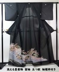 逸品 夏黒留袖 駒絽 洗える着物 花扇面文様 金彩 比翼・袖襦袢付 ③