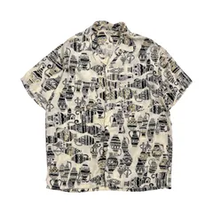 80s 90s シルク混 BOUTIQUE Nicole ブティックニコル 壺 総柄 開襟 半袖 シャツ /ホワイト×ブラック系 メンズ レトロ デザイナーズ ビンテージのサムネイル