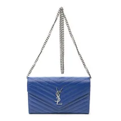 [中古] YVES SAINT LAURENT イヴサンローランクラシック カッサンドル チェーン ウォレット青マトラッセ グレイン ドゥ プードル レザーAのサムネイル