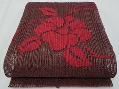 本場筑前博多織 紗八寸名古屋帯 夏帯 赤 花唐草柄 正絹 新品 未仕立て