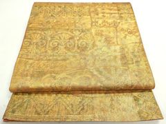 K中古美品 未仕立て袋帯 唐花 宝相華文様 金茶山吹色□N80624-37