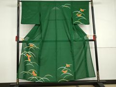 美品 訪問着 絽 夏 夏着物 深緑 朝顔 とんぼ 金彩 身丈164cm 正絹