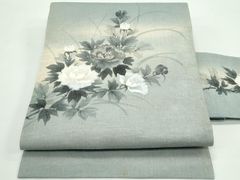 G 夏物 テッセン花 金彩 湊鼠色 太鼓 麻 薄物 絽 紗 カジュアルな名古屋帯 G 夏物 テッセン花 金彩 湊鼠色 太鼓 麻 薄物 絽 紗 カジュアルな