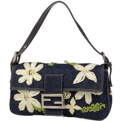 希少】フェンディ デニム刺繍 マンマバ ケットハンドバッグ フラワー花 