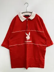 PLAYBOY プレイボーイ ポロシャツ M レッド 前面プリント ブランドロゴ ライン柄 半袖 レディースのサムネイル