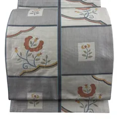 袋帯 名品 木屋太 落款 草花 花唐草 灰色 六通 正絹 【中古】のサムネイル