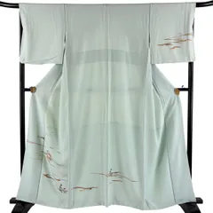 付下げ 身丈160cm 裄丈68cm L 袷 鴛鴦 霞 刺繍 金糸 薄緑 正絹 秀品 【中古】のサムネイル