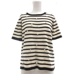 ザラ ZARA 美品 KNIT ニット セーター Ｍ 白 ホワイト 黒 ブラック ボーダー柄 パール装飾 半袖 /MG