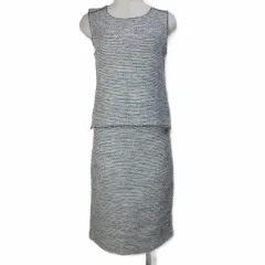 バナナリパブリック BANANA REPUBLIC 美品 18年 ツ1イード セットアップ ブラウス ノースリーブ スカート ひざ丈 タイト S相当 ホワイト ネイビー /Xのサムネイル