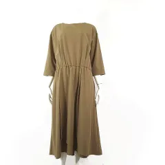 ハリス HARRISS ワンピース ロング ラップ風 フレア ギャザー ストレッチ ドロップショルダー 7分袖 M 38 モカ ベージュ 美品のサムネイル