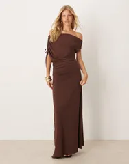 エイソス レディース トップス ワンピース マキシワンピース マキシ ASOS DESIGN off the shoulder drawstring maxi dress brown ブラウン