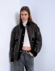 トップショップ レディース アウター ジャケット・ブルゾン スエード コントラスト レザー フェイクレザー ジャケット Topshop faux leather patch pockets jackeのサムネイル