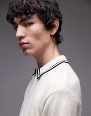 トップマン メンズ トップス ポロシャツ パイル シャツ ニット Topman knit terrycloth polo shirt with tipping in cream CREAM クリームのサムネイル