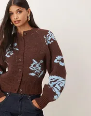 エイソス レディース アウター カーディガン フラワー柄 レース フラワー ASOS DESIGN placement floral raglan cardigan in chocolate Chocのサムネイル