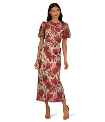 アドリアナ パペル レディース トップス ワンピース 刺繍 Adrianna Papell Puff Sleevembroideredress RedNude レッド