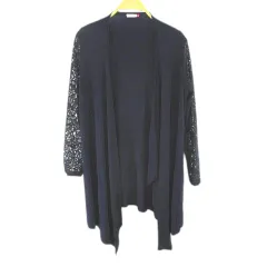 ダイアンフォンファステンバーグ DIANE von FURSTENBERG 長袖 カーディガン ニット 前開き ミディアム丈 絹 シルク混 S 紺系 ネイビー 日本製 レース 刺繍 シースルー 透け感のサムネイル