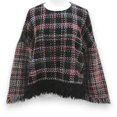 ザラウーマン ZARA WOMAN チェック柄 長袖 ミックス ツイード ニット カットソー M 黒系 ブラック フリンジ バックボタンのサムネイル